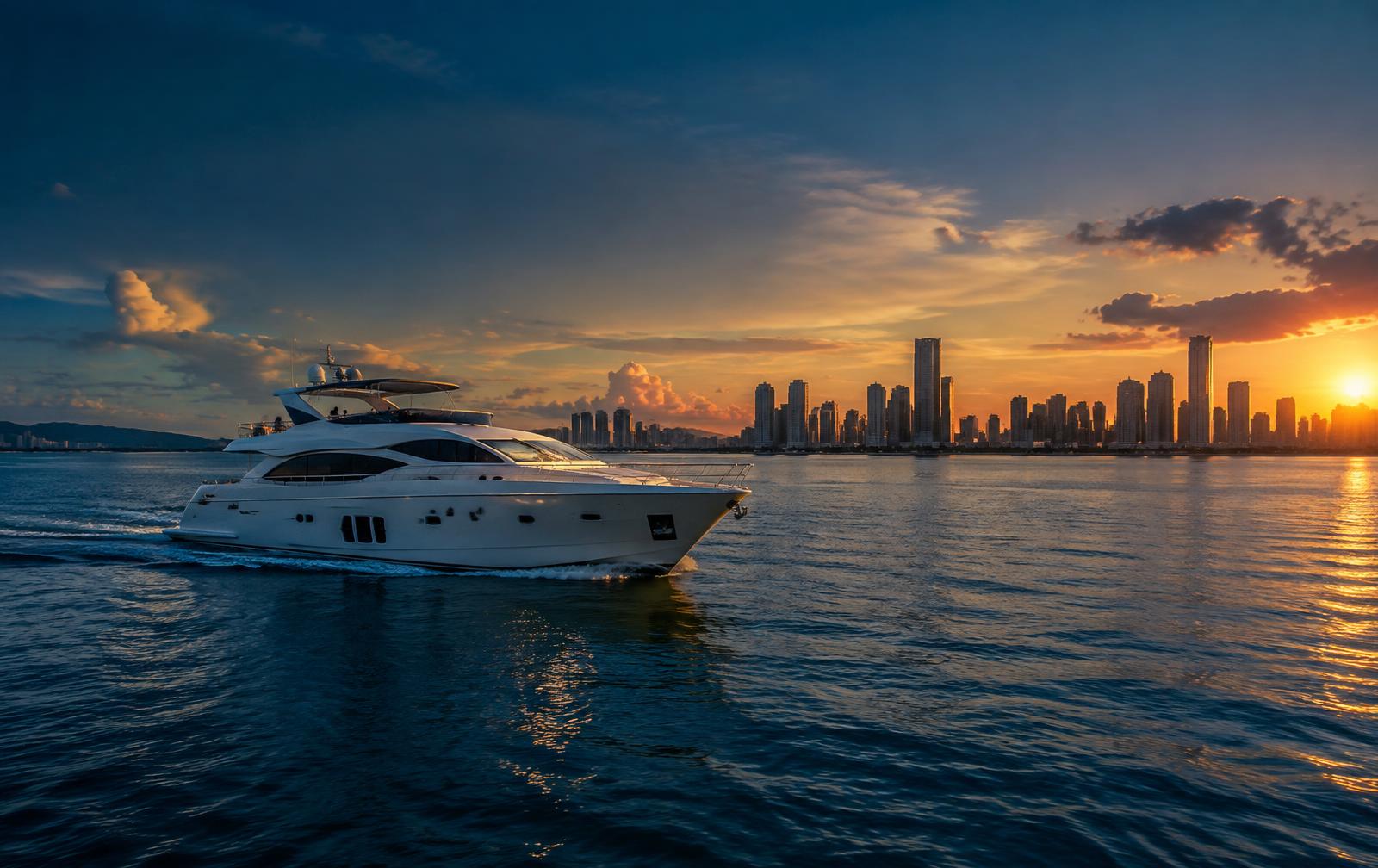 Yate navegando frente a la ciudad de Panamá al atardecer